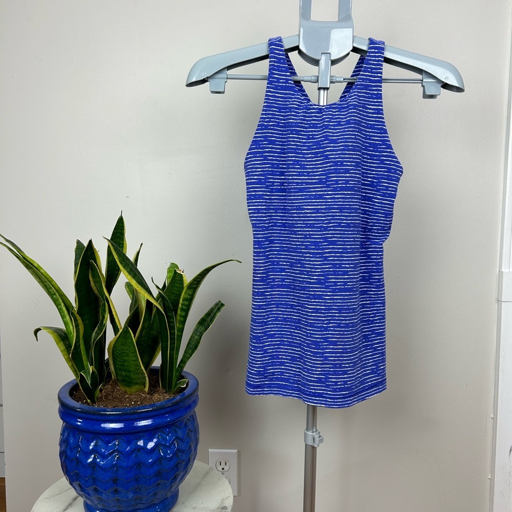 LUCY Purple Striped Workout Tank Top Halter Style with Criss Cross Back